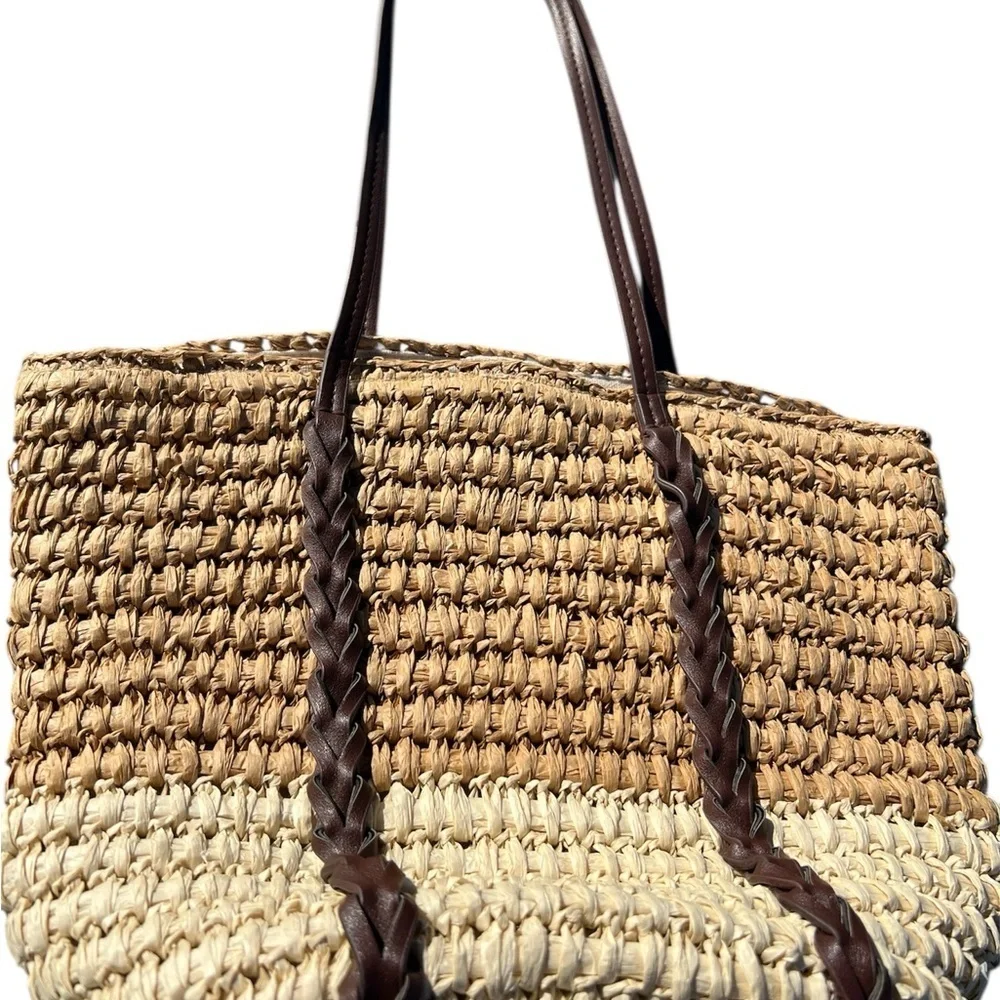 BTB Los Angeles Classic Banded Woven Tote Bag Braided Leather Straps::Vacay Vibe